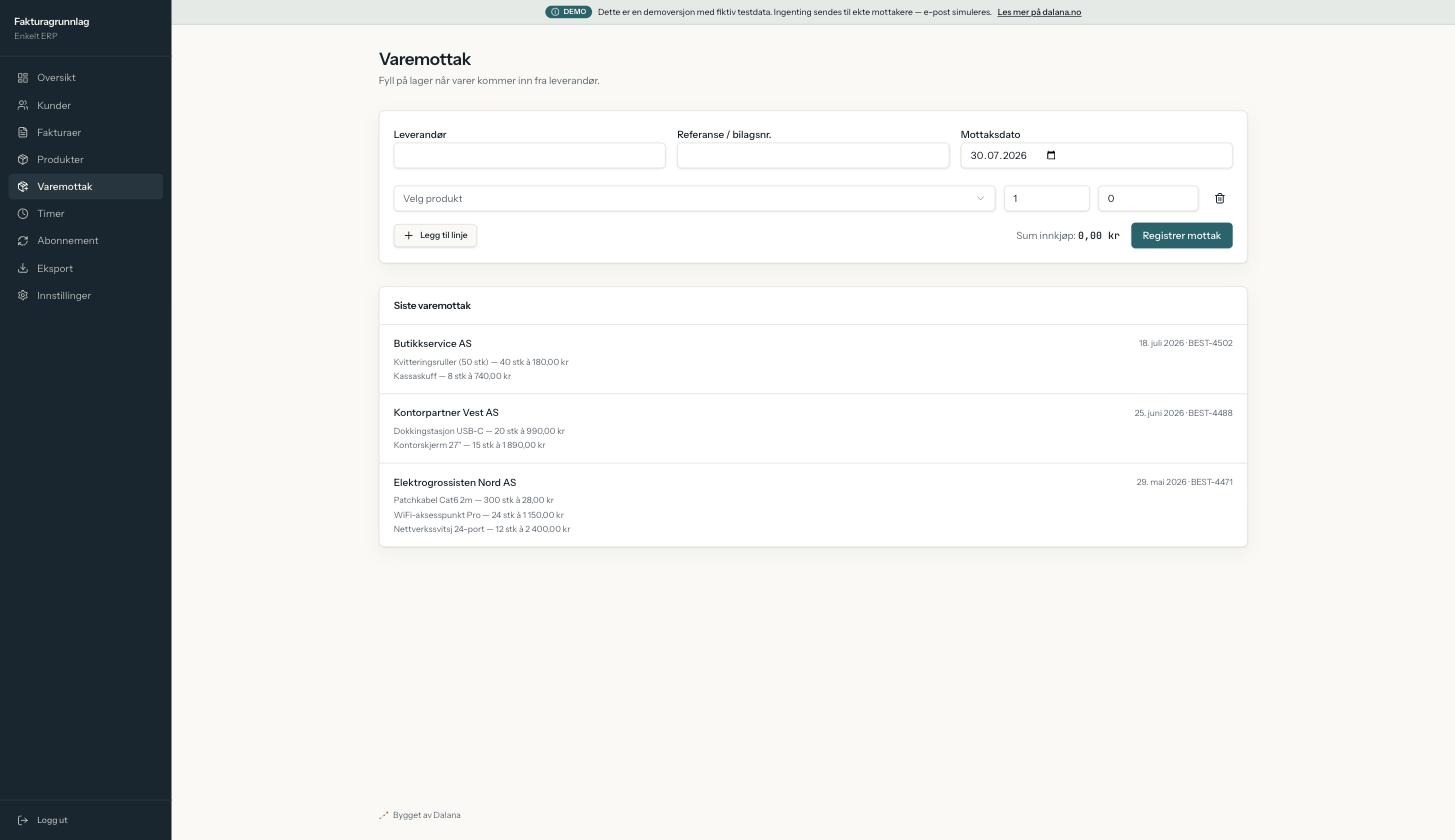 Skjermbilde av Varelager & Faktura: varemottak med registrering av leverandør, produktlinjer og liste over siste varemottak.